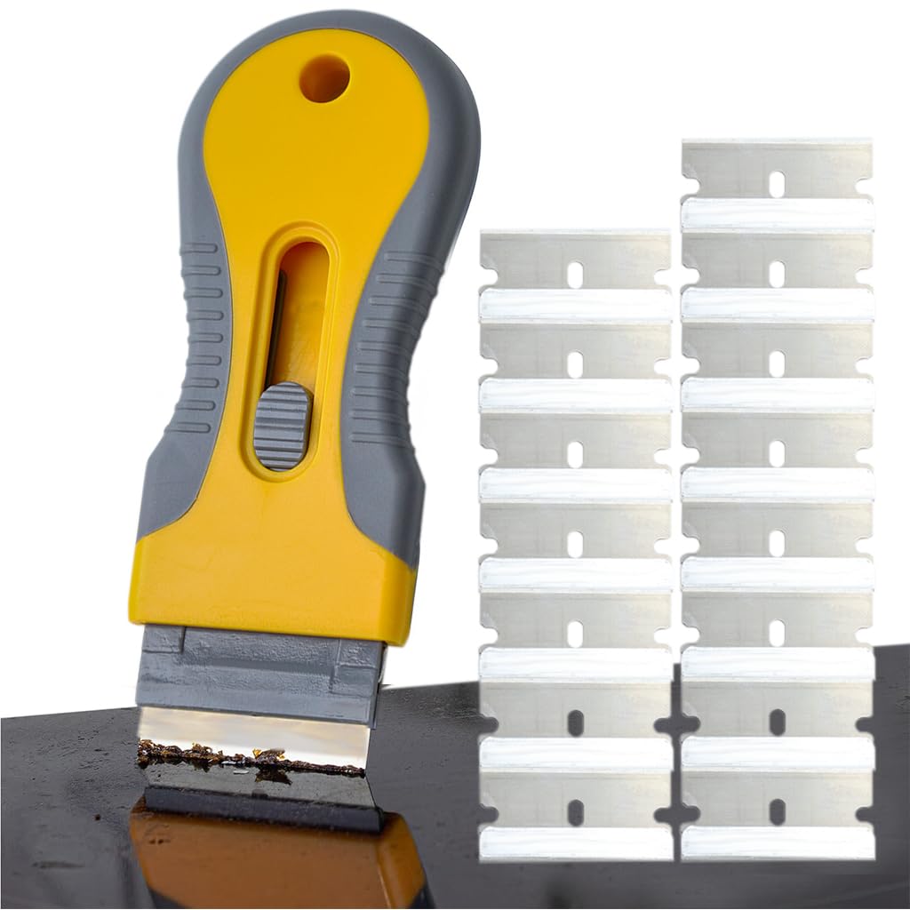HASTHIP Retractable Metal Scraper with 15Pcs Blades - Stain & Glue Removal Tool, Wall Cleaning Scraper Razor Scraper Tool for Removing Stickers, Labels on Wall, Glass, Tiles HASTHIP Retractable Metal Scraper with 15Pcs Blades - Stain & Glue Removal Tool, Wall Cleaning Scraper Razor Scraper Tool for Removing Stickers, Labels on Wall, Glass, Tiles